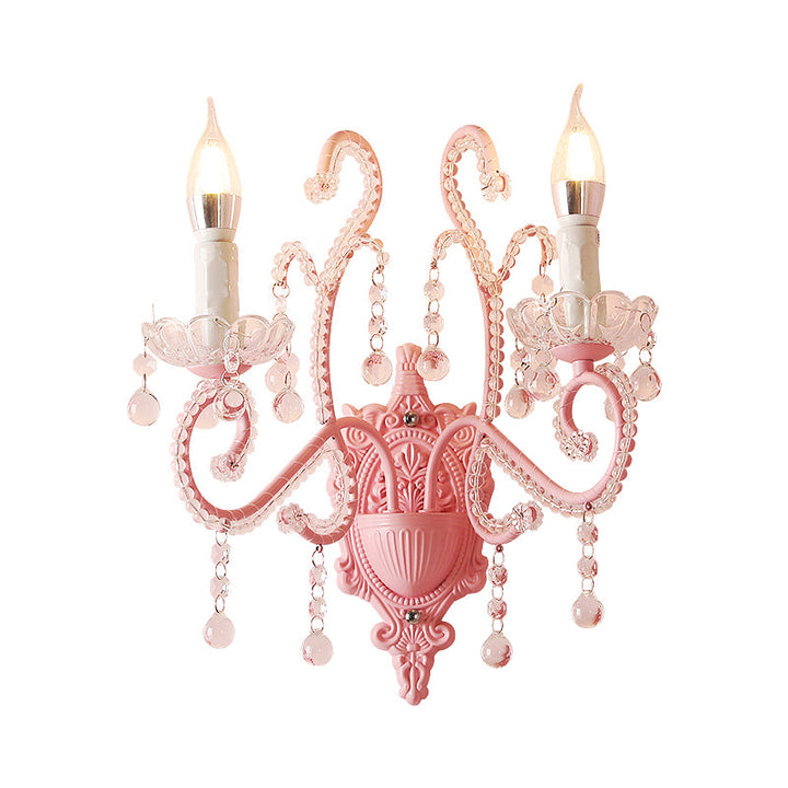 Lisslune | Metallic Scroll Arm Wall Lamp Modernistic 1/2 Lights Wall Light with Crystal Berry Deco in Pink