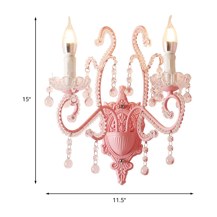 Lisslune | Metallic Scroll Arm Wall Lamp Modernistic 1/2 Lights Wall Light with Crystal Berry Deco in Pink