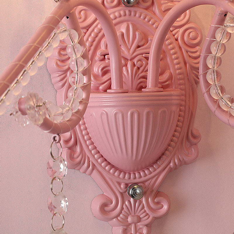 Lisslune | Metallic Scroll Arm Wall Lamp Modernistic 1/2 Lights Wall Light with Crystal Berry Deco in Pink