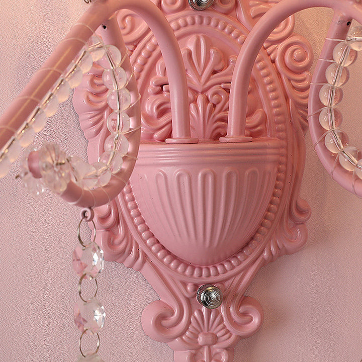 Lisslune | Metallic Scroll Arm Wall Lamp Modernistic 1/2 Lights Wall Light with Crystal Berry Deco in Pink
