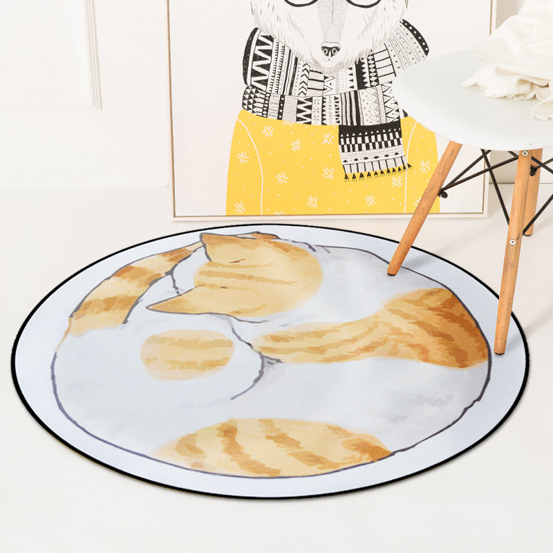 Lisslune | Kids Bedroom Carpet in Yellow and Gray Animal Sleeping Cat Print Carpet Polyester Non-Slip Area Rug
