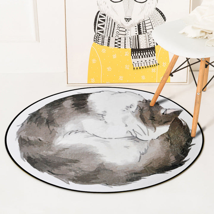 Lisslune | Kids Bedroom Carpet in Yellow and Gray Animal Sleeping Cat Print Carpet Polyester Non-Slip Area Rug