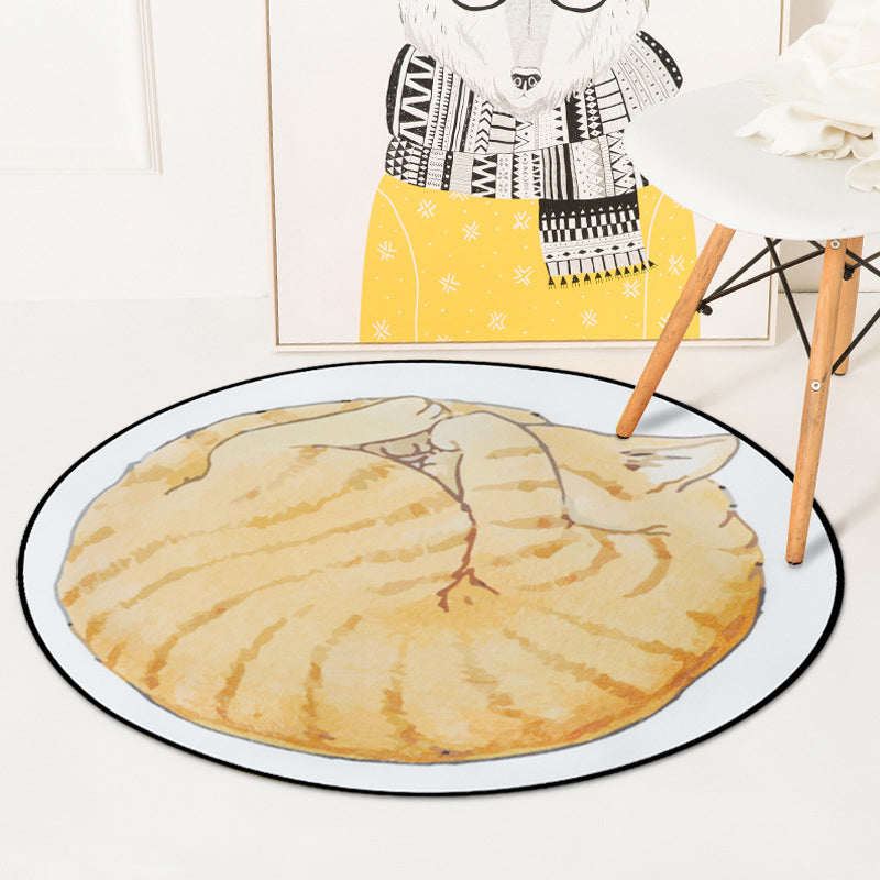 Lisslune | Kids Bedroom Carpet in Yellow and Gray Animal Sleeping Cat Print Carpet Polyester Non-Slip Area Rug