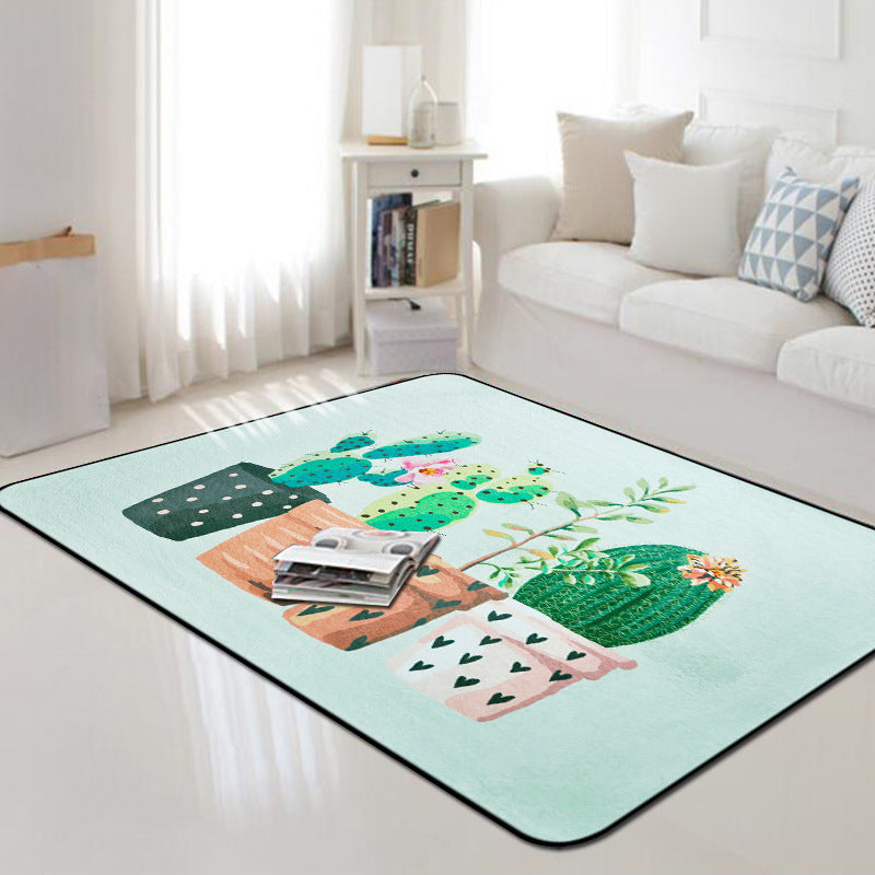 Lisslune | Kids Children's Room Carpet in Pink and Green Botanical Cactus Print Carpet Polyester Stain-Resistant Area Rug