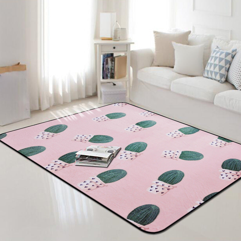 Lisslune | Kids Children's Room Carpet in Pink and Green Botanical Cactus Print Carpet Polyester Stain-Resistant Area Rug