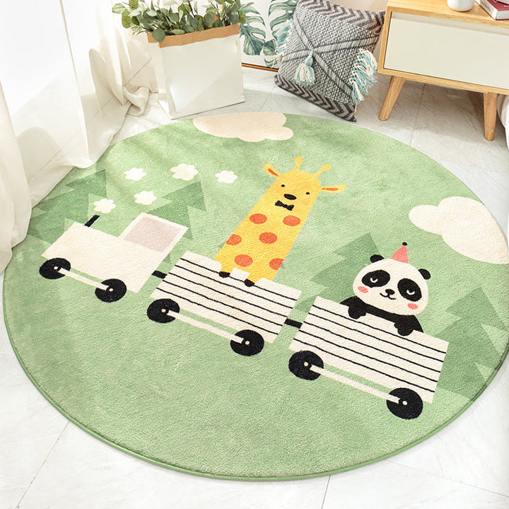 Lisslune | Cute Kids Rug in Orange and Green Animal Cat Panda Train Pattern Rug Polyester Washable Rug for Children's Room