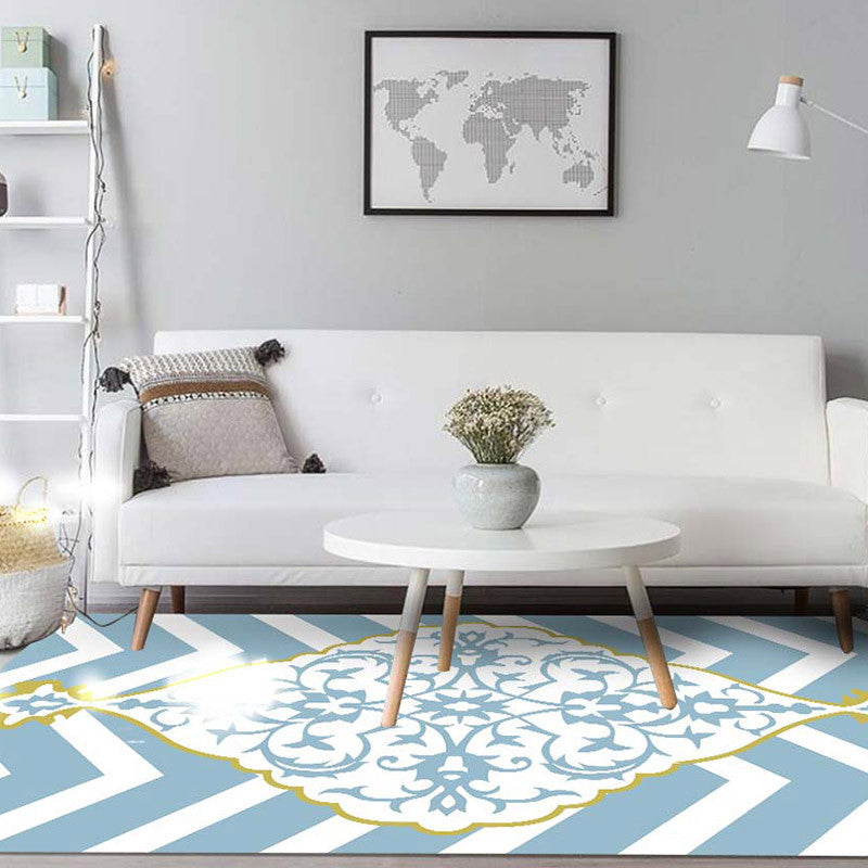 Lisslune | Blue and white Moroccan carpet polyester medallion pattern carpet pet-friendly washable anti-slip backing carpet for decoration