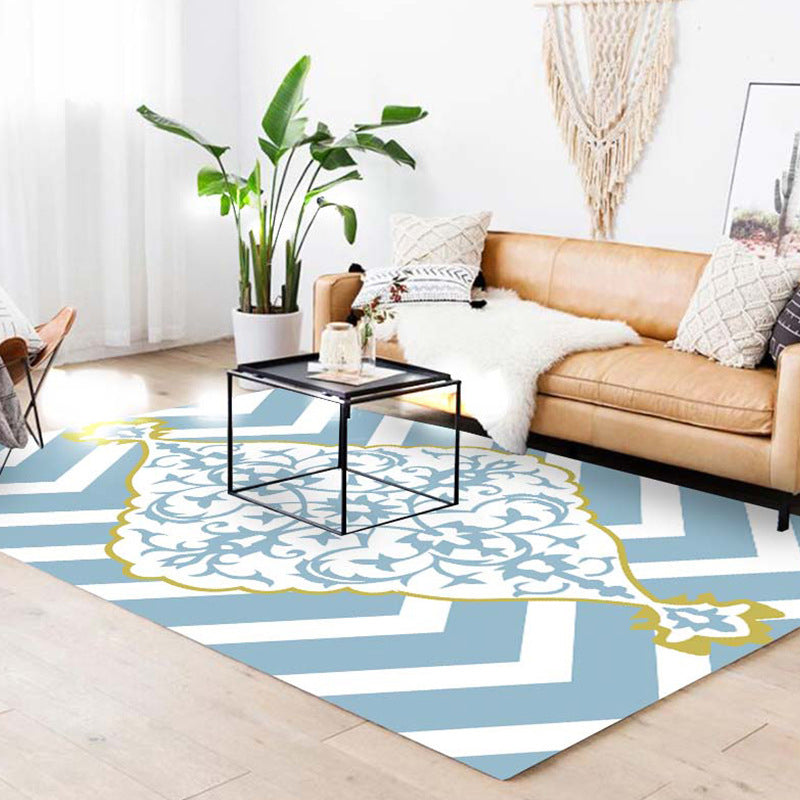 Lisslune | Blue and white Moroccan carpet polyester medallion pattern carpet pet-friendly washable anti-slip backing carpet for decoration