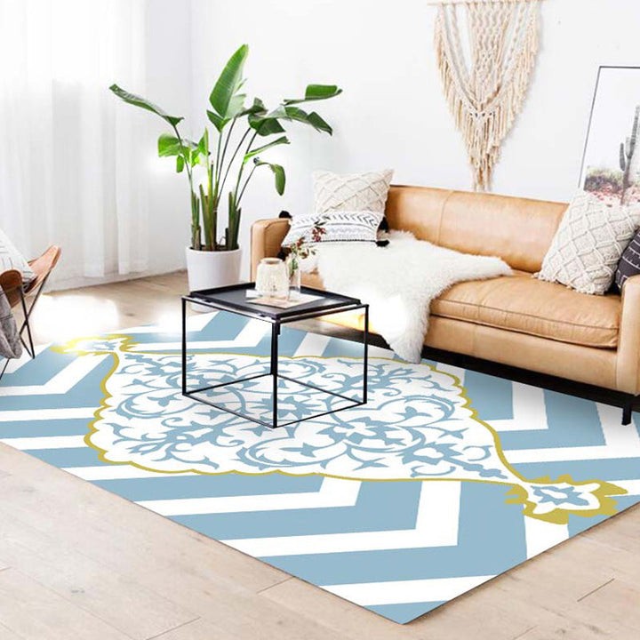 Lisslune | Blue and white Moroccan carpet polyester medallion pattern carpet pet-friendly washable anti-slip backing carpet for decoration