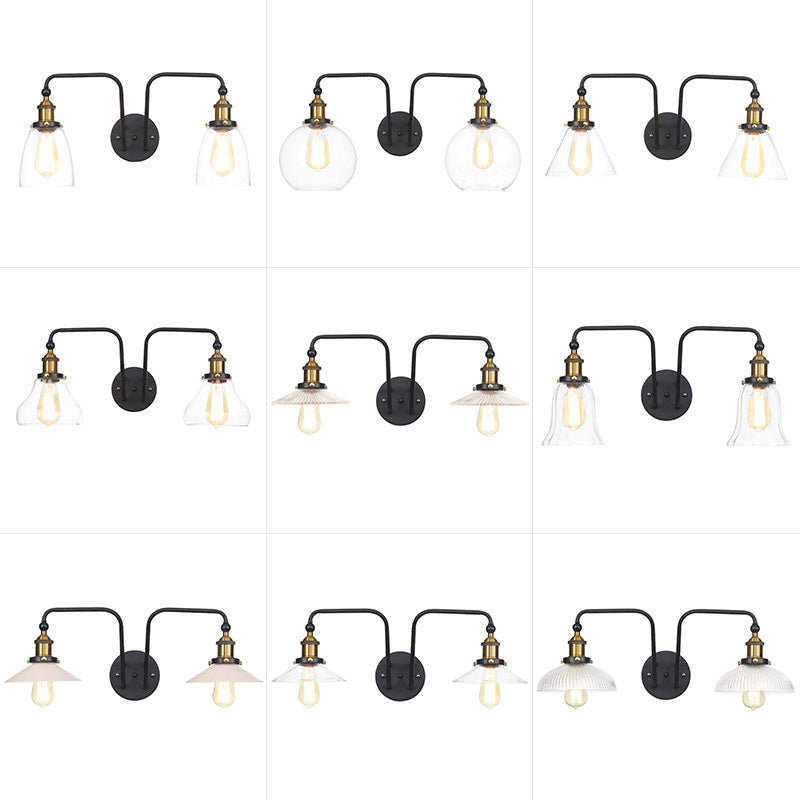 Lisslune | Industrial conical/wavy/fanned wall lamp glass and metal black 2-bulb wall mounted lamp for indoor use