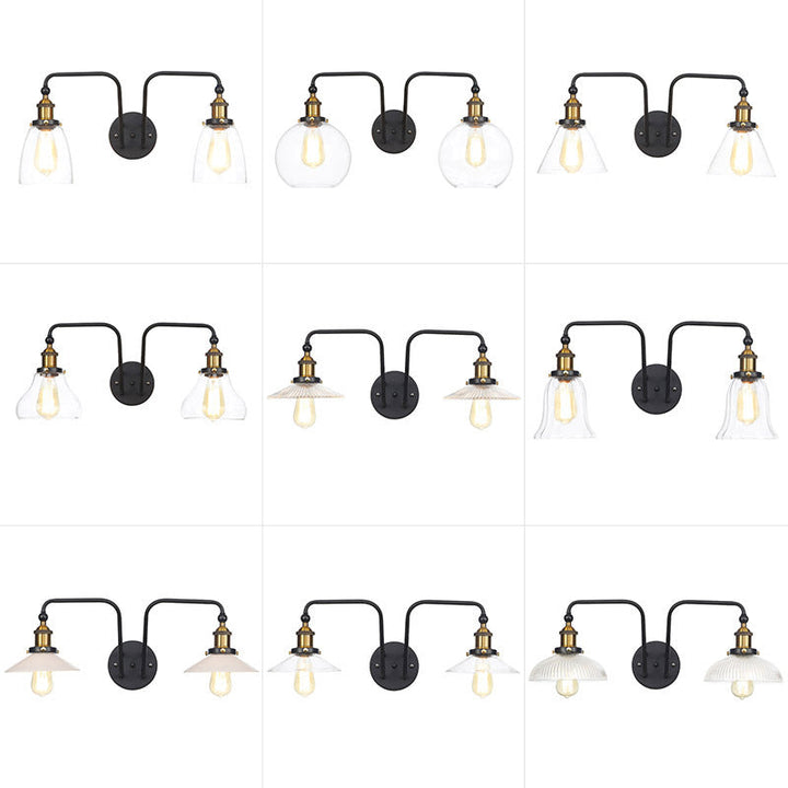 Lisslune | Industrial conical/wavy/fanned wall lamp glass and metal black 2-bulb wall mounted lamp for indoor use