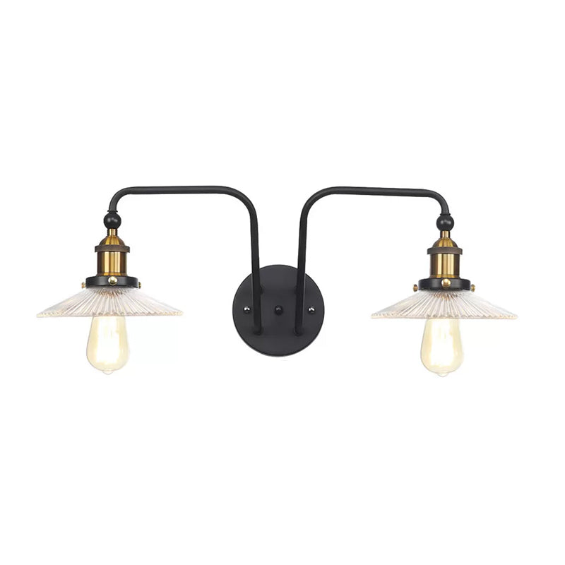Lisslune | Industrial conical/wavy/fanned wall lamp glass and metal black 2-bulb wall mounted lamp for indoor use
