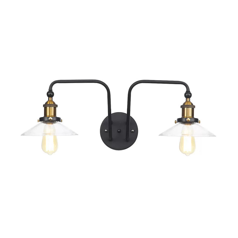 Lisslune | Industrial conical/wavy/fanned wall lamp glass and metal black 2-bulb wall mounted lamp for indoor use