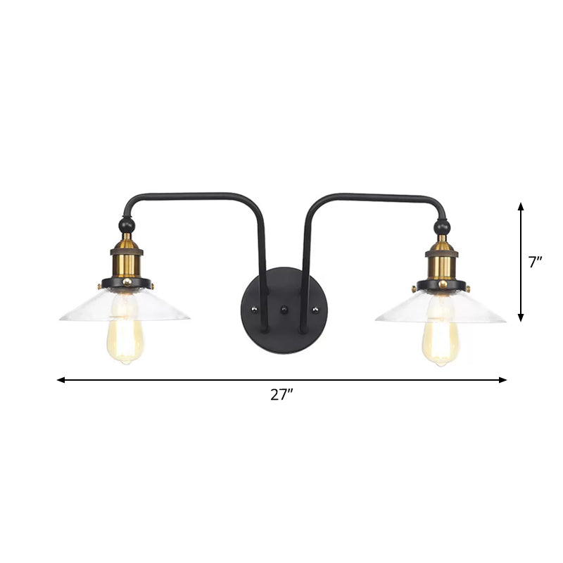 Lisslune | Industrial conical/wavy/fanned wall lamp glass and metal black 2-bulb wall mounted lamp for indoor use