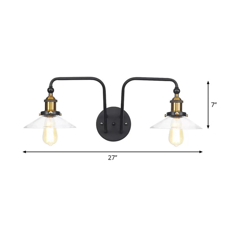 Lisslune | Industrial conical/wavy/fanned wall lamp glass and metal black 2-bulb wall mounted lamp for indoor use
