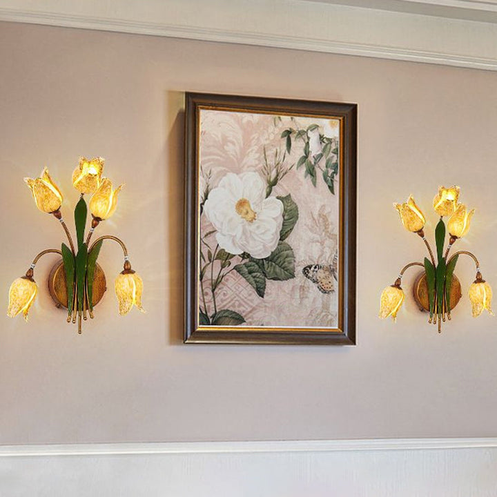 Skørter | Tulip Bouquet Bedroom Wall Lamp Vintage Beige Glass 2/3/5 Heads Antique Brass Wall Mounted Night Light