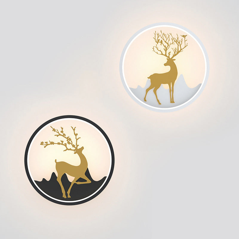 Lisslune | Deer Wall Lamp Nordic Metallic Black/White-Gold LED Circle Wall Light in Warm/White Light for Bedroom