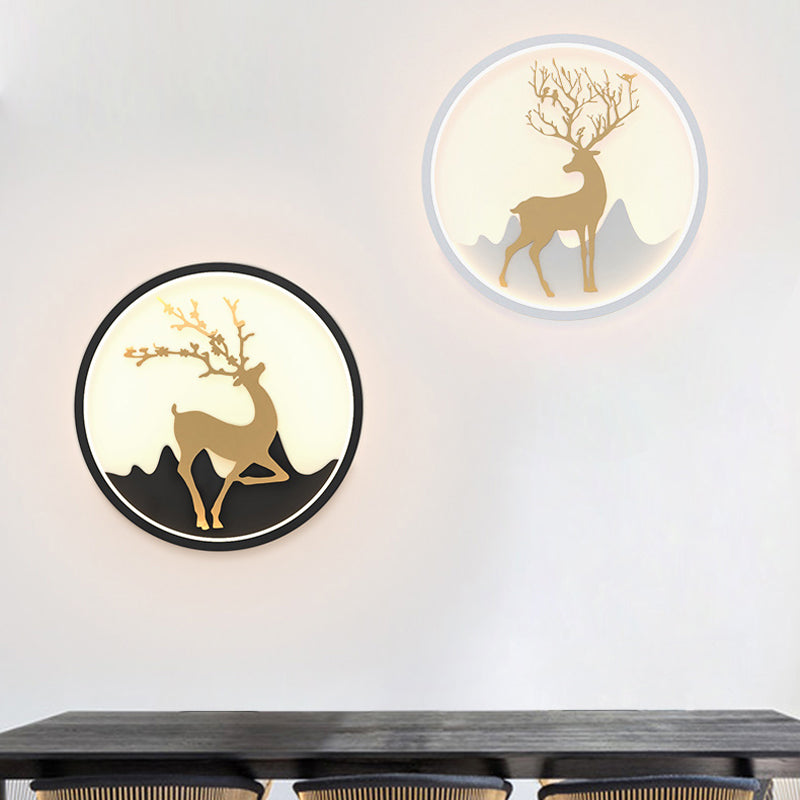 Lisslune | Deer Wall Lamp Nordic Metallic Black/White-Gold LED Circle Wall Light in Warm/White Light for Bedroom