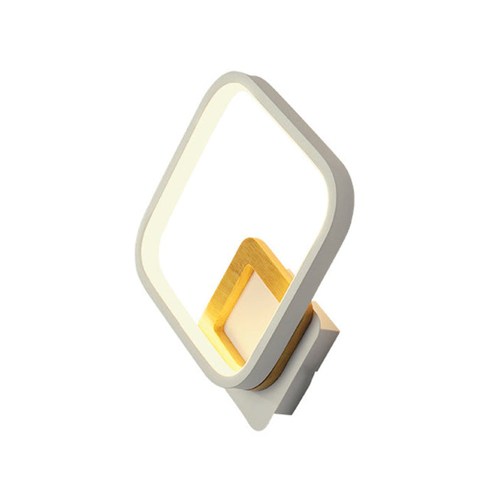 Lisslune | Metal Diamond-Frame Wall Lamp Minimalist White and Wood LED Wall Mounted Light in Warm/White Light