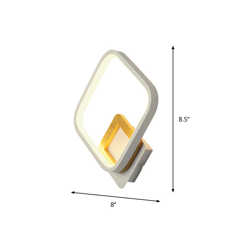 Lisslune | Metal Diamond-Frame Wall Lamp Minimalist White and Wood LED Wall Mounted Light in Warm/White Light