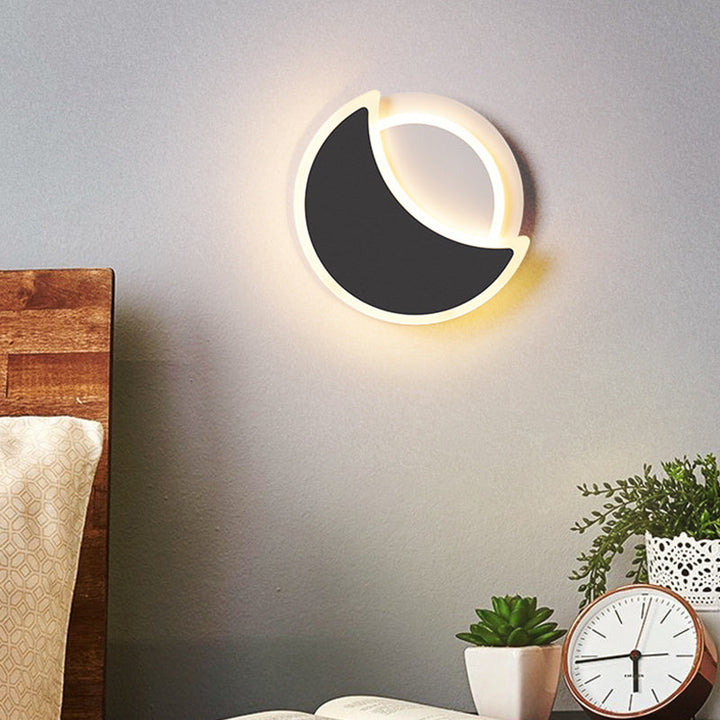 Lisslune | Acrylic Moon Eclipse Flush Wall Lamp Nordic Black/White LED Wall Mount Light in Warm/White Light for Bedroom