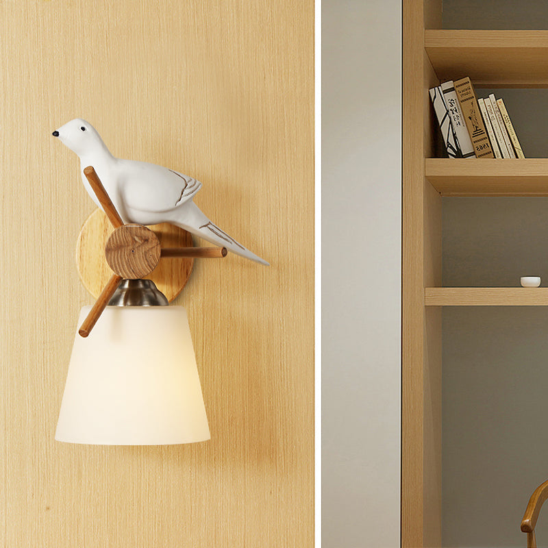 Skørter | Frosted Glass Tapered Shade Wall Light with Bird 1 Light Contemporary Wall Light in White for Library
