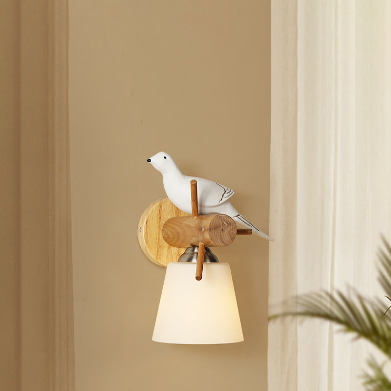 Skørter | Frosted Glass Tapered Shade Wall Light with Bird 1 Light Contemporary Wall Light in White for Library