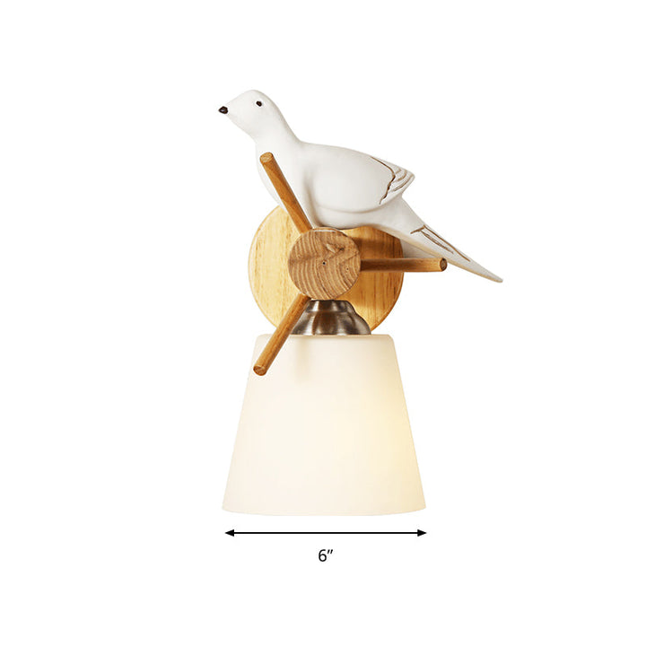 Skørter | Frosted Glass Tapered Shade Wall Light with Bird 1 Light Contemporary Wall Light in White for Library