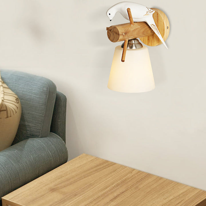 Skørter | Frosted Glass Tapered Shade Wall Light with Bird 1 Light Contemporary Wall Light in White for Library