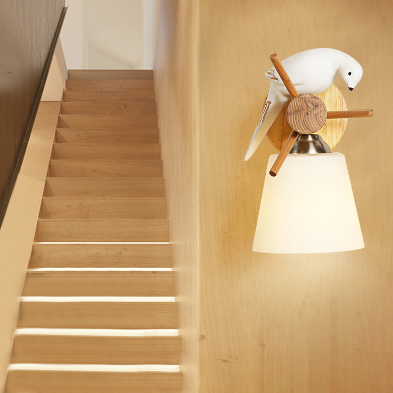 Skørter | Frosted Glass Tapered Shade Wall Light with Bird 1 Light Contemporary Wall Light in White for Library