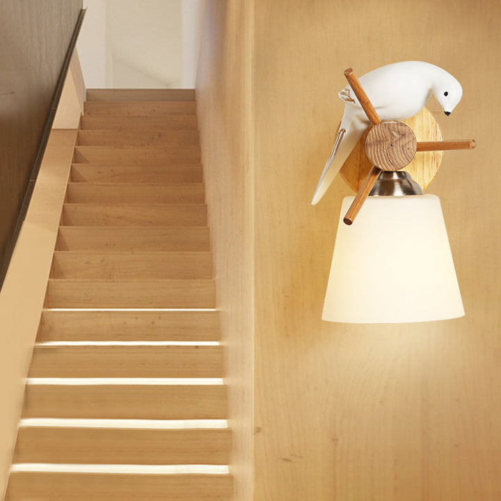 Skørter | Frosted Glass Tapered Shade Wall Light with Bird 1 Light Contemporary Wall Light in White for Library
