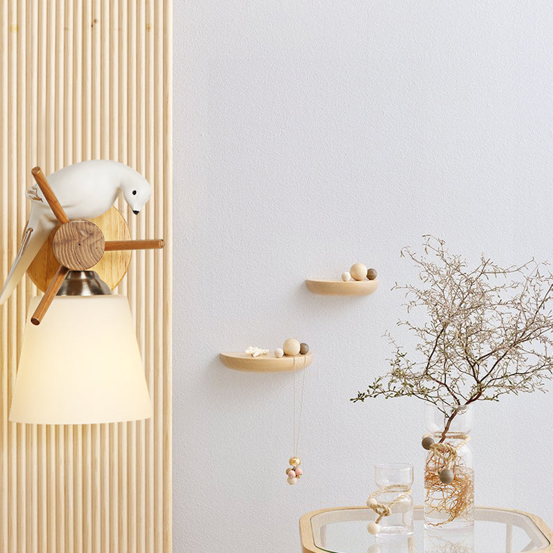 Skørter | Frosted Glass Tapered Shade Wall Light with Bird 1 Light Contemporary Wall Light in White for Library
