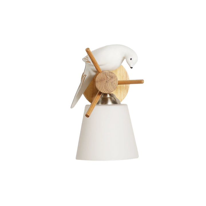 Skørter | Frosted Glass Tapered Shade Wall Light with Bird 1 Light Contemporary Wall Light in White for Library