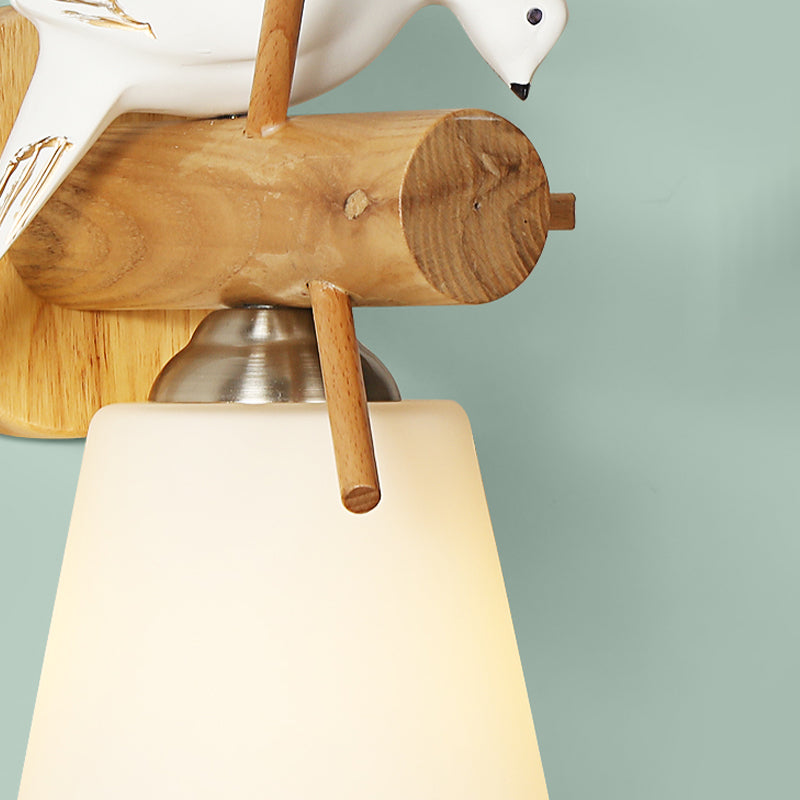 Skørter | Frosted Glass Tapered Shade Wall Light with Bird 1 Light Contemporary Wall Light in White for Library