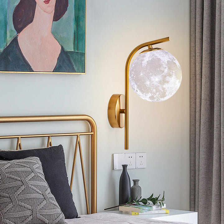 Lisslune | Postmodern Ball Wall Mount Light Gray/Clear Water/White Glass Single Bulb Nightstand Wall Lamp with Curved Arm in Brass