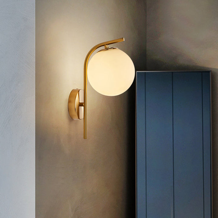 Lisslune | Postmodern Ball Wall Mount Light Gray/Clear Water/White Glass Single Bulb Nightstand Wall Lamp with Curved Arm in Brass