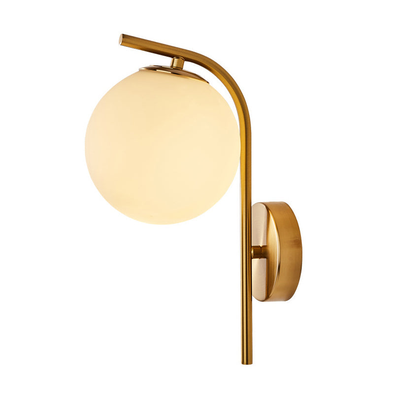 Lisslune | Postmodern Ball Wall Mount Light Gray/Clear Water/White Glass Single Bulb Nightstand Wall Lamp with Curved Arm in Brass