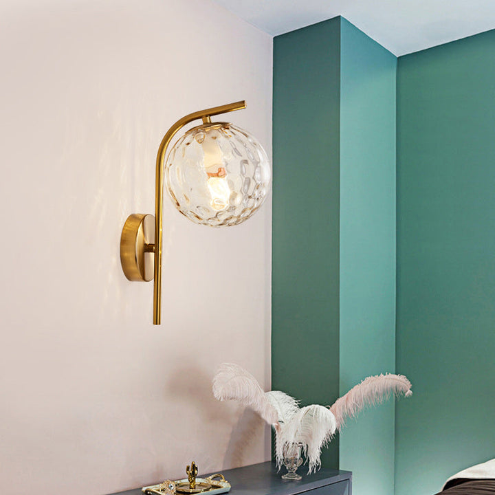Lisslune | Postmodern Ball Wall Mount Light Gray/Clear Water/White Glass Single Bulb Nightstand Wall Lamp with Curved Arm in Brass