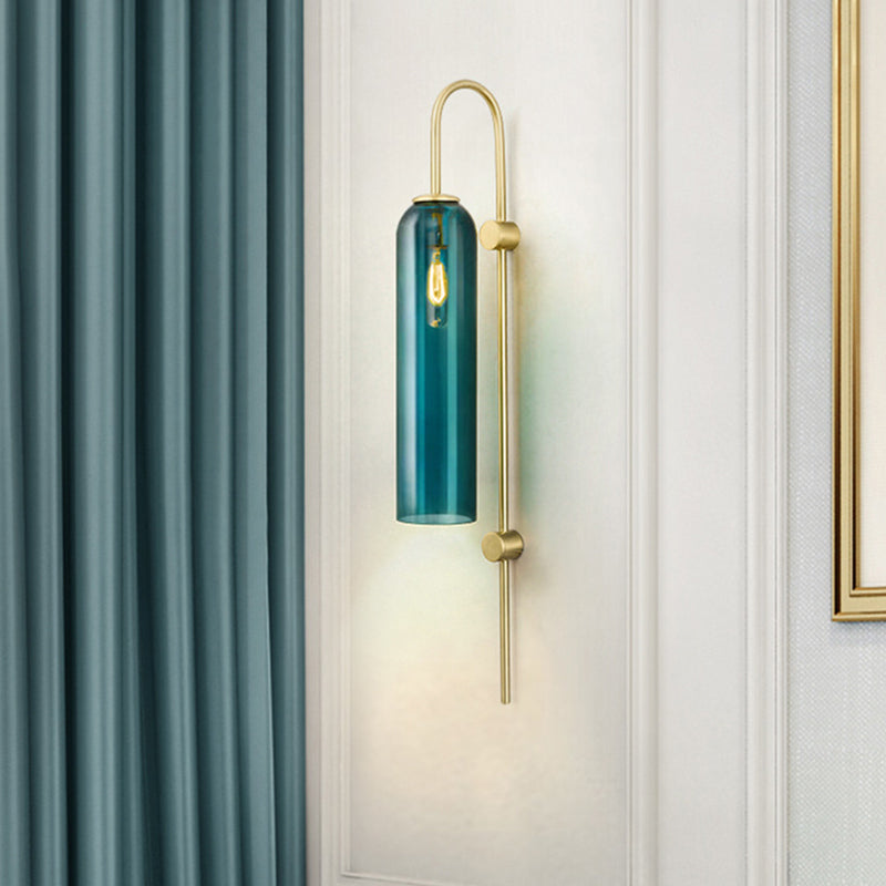 Lisslune | Mid Century Gooseneck Wall Lamp Light Metal 1-Bulb Living Room Wall Lamp in Brass with Extended Blue Glass Shade