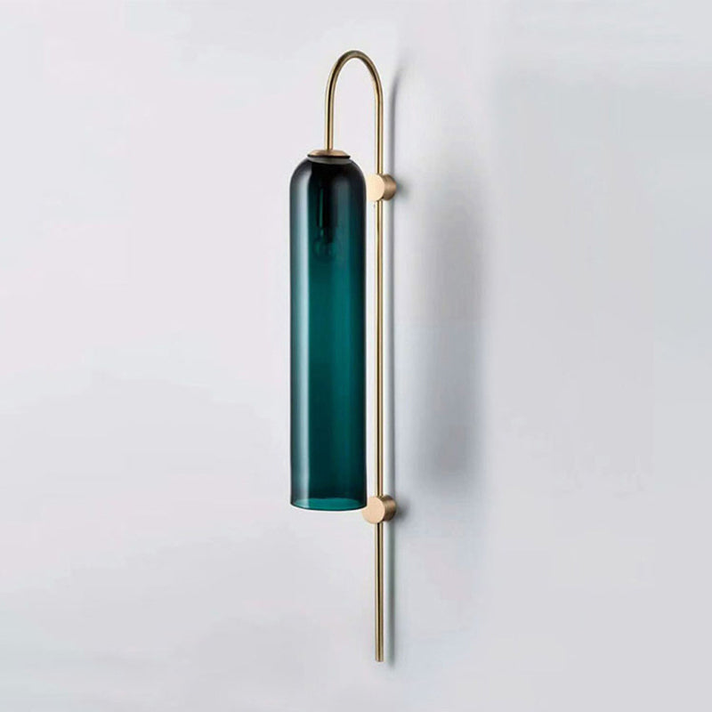 Lisslune | Mid Century Gooseneck Wall Lamp Light Metal 1-Bulb Living Room Wall Lamp in Brass with Extended Blue Glass Shade
