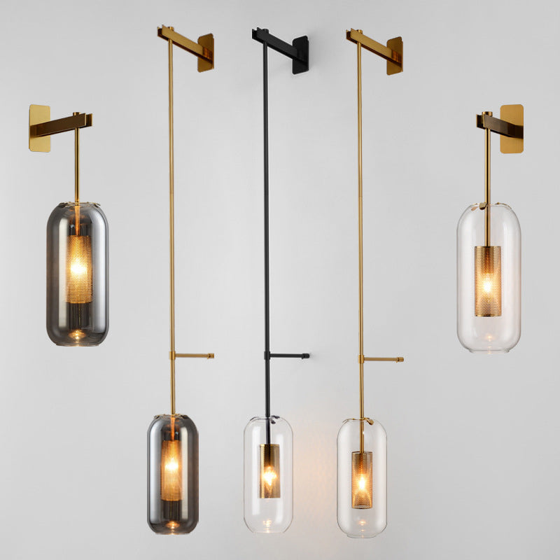 Skørter | Postmodern Capsule Wall Light Clear Glass 1 Bulb Nightstand Lamp Wall Mounted with Internal Network Protection in Black/Gold