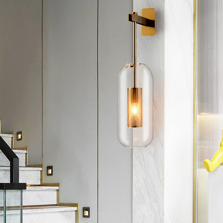 Skørter | Postmodern Capsule Wall Light Clear Glass 1 Bulb Nightstand Lamp Wall Mounted with Internal Network Protection in Black/Gold