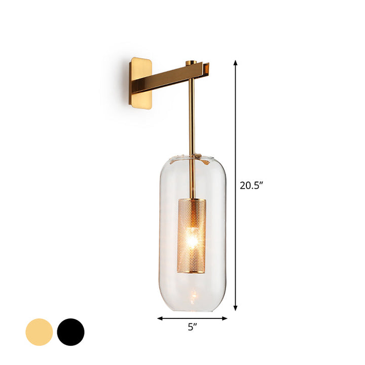 Skørter | Postmodern Capsule Wall Light Clear Glass 1 Bulb Nightstand Lamp Wall Mounted with Internal Network Protection in Black/Gold