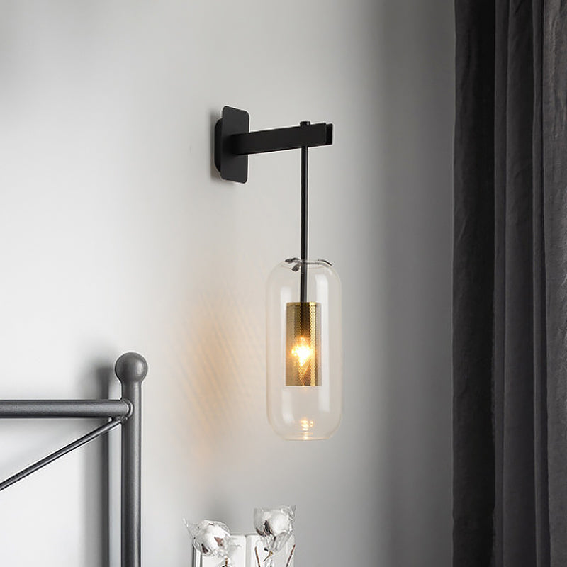Skørter | Postmodern Capsule Wall Light Clear Glass 1 Bulb Nightstand Lamp Wall Mounted with Internal Network Protection in Black/Gold