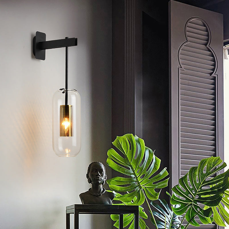 Skørter | Postmodern Capsule Wall Light Clear Glass 1 Bulb Nightstand Lamp Wall Mounted with Internal Network Protection in Black/Gold