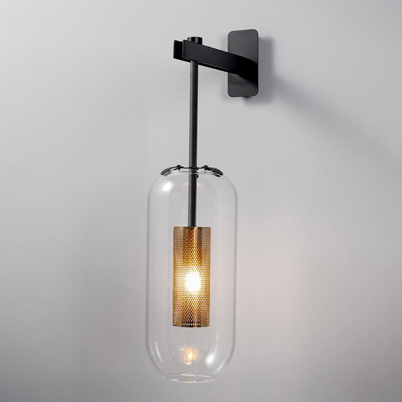 Skørter | Postmodern Capsule Wall Light Clear Glass 1 Bulb Nightstand Lamp Wall Mounted with Internal Network Protection in Black/Gold