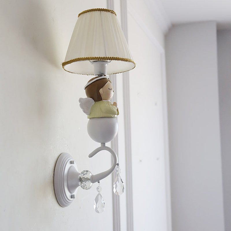 Skørter | Modern Tapered Shade Wall Lamp with Doll Décor and Crystal 1 Light Fabric Wall Light in White for Hallway