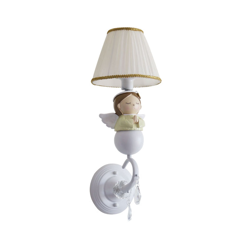 Skørter | Modern Tapered Shade Wall Lamp with Doll Décor and Crystal 1 Light Fabric Wall Light in White for Hallway