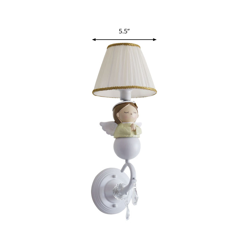 Skørter | Modern Tapered Shade Wall Lamp with Doll Décor and Crystal 1 Light Fabric Wall Light in White for Hallway