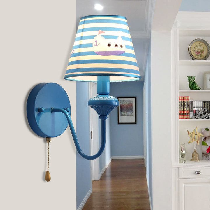 Skørter | Nautical Blue Wall Lamp Stripe Shade 1 Light Metal Wall Lamp with Cartoon Ship for Entrance